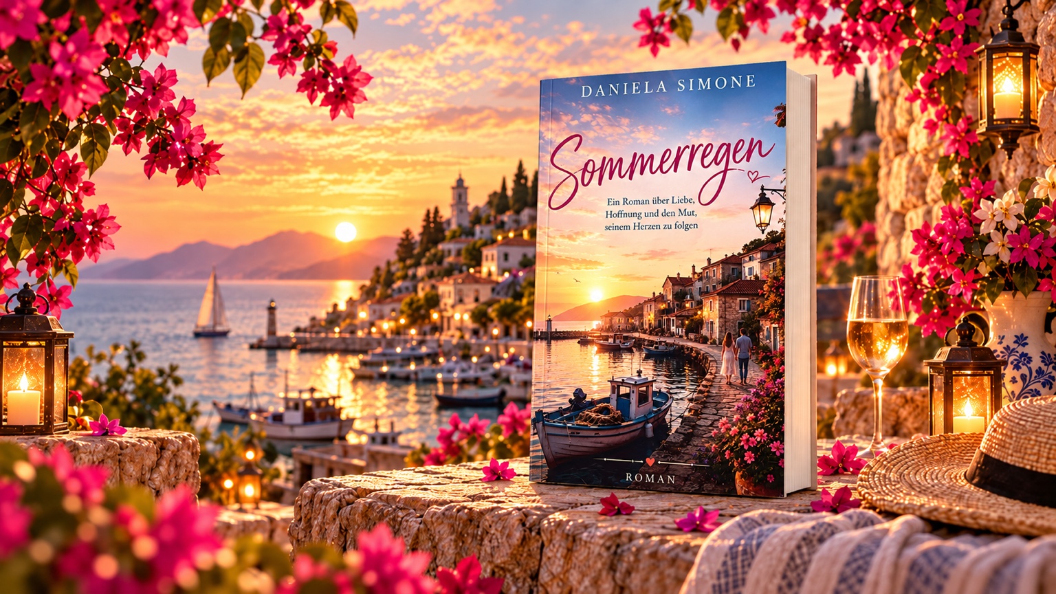 Der Roman Sommerregen in einer leuchtenden mediterranen Abendlandschaft